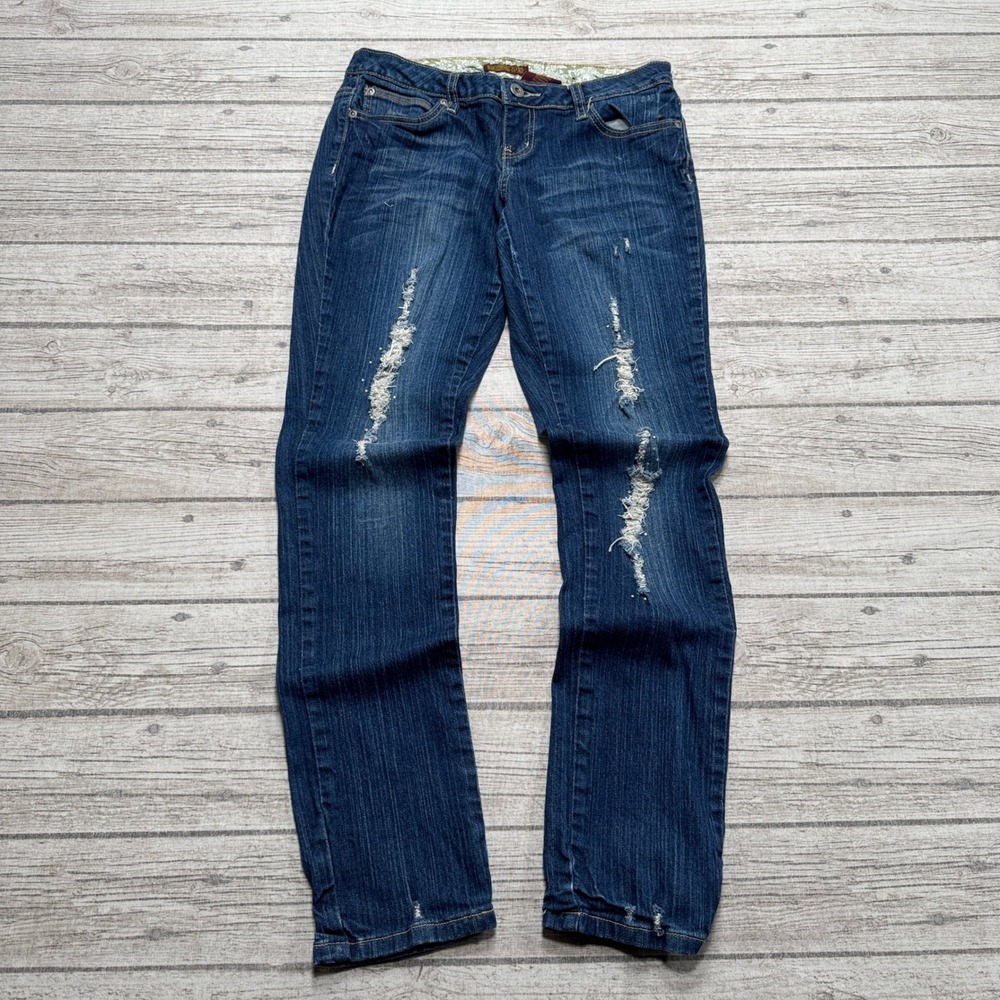 Y2K Skinny Jeans Women's 9 Blue Denim Slim Fit Rhinestone Embellished Distressed